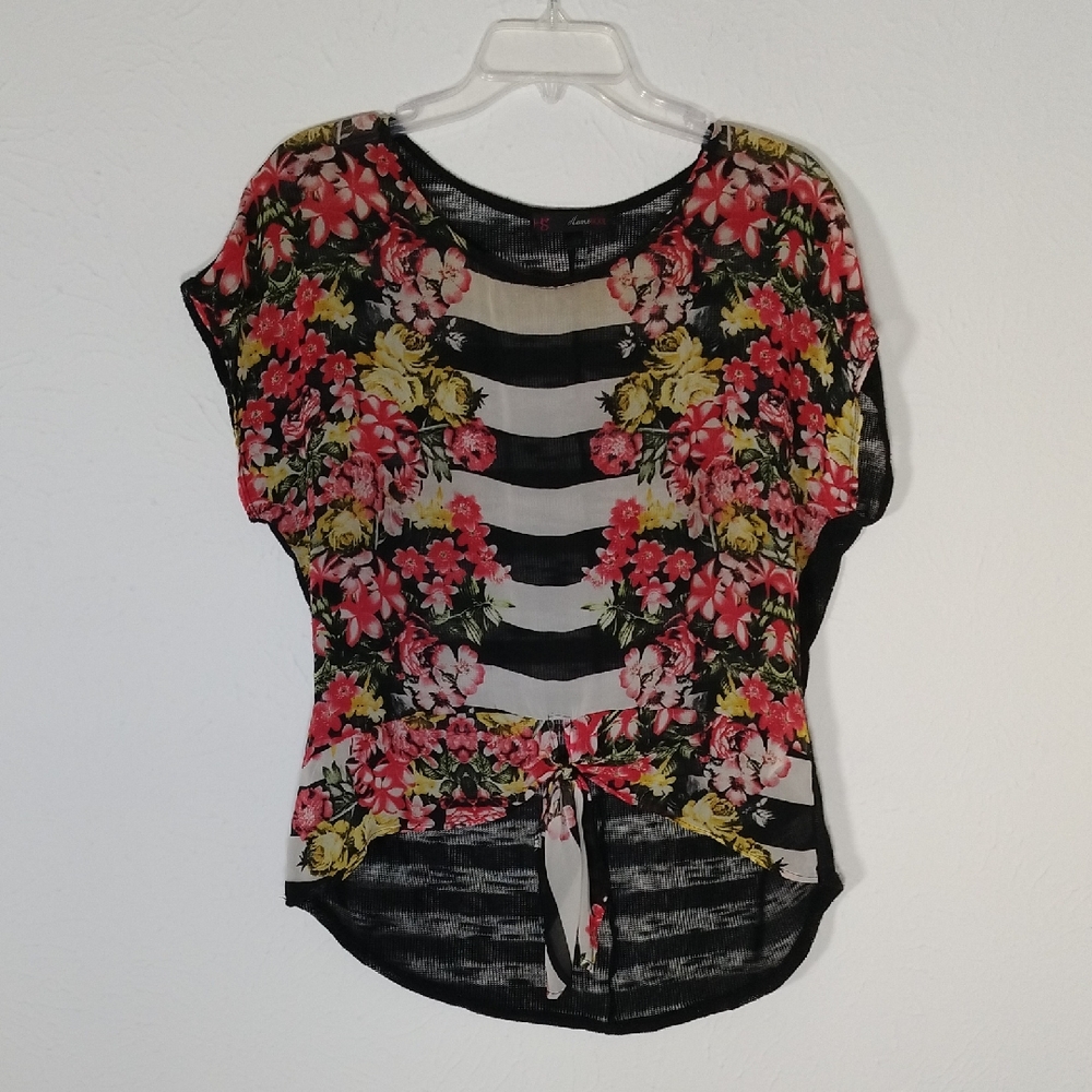 HeartSoul Black and White Striped Floral Blouse With Sheer Back